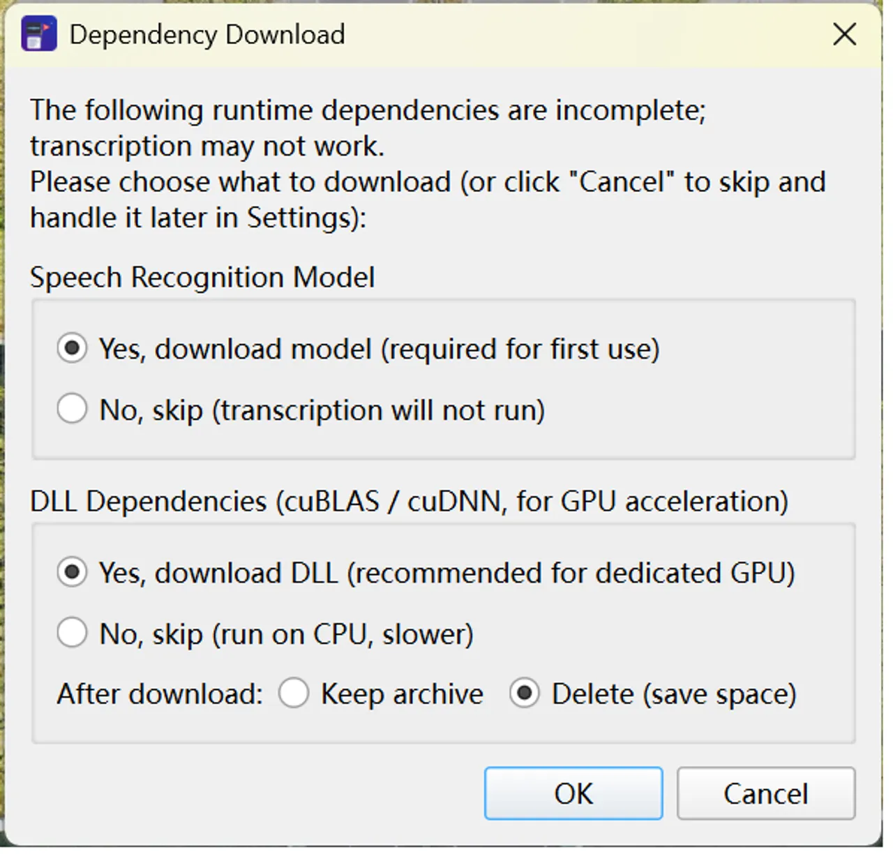 Confirm downloading dependencies